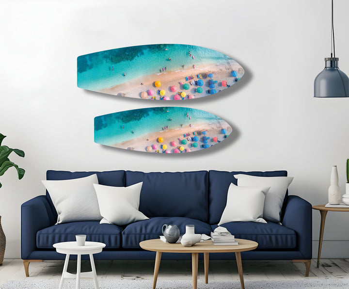 Blaues tropisches Strand-Surfbrett-Wandbild 