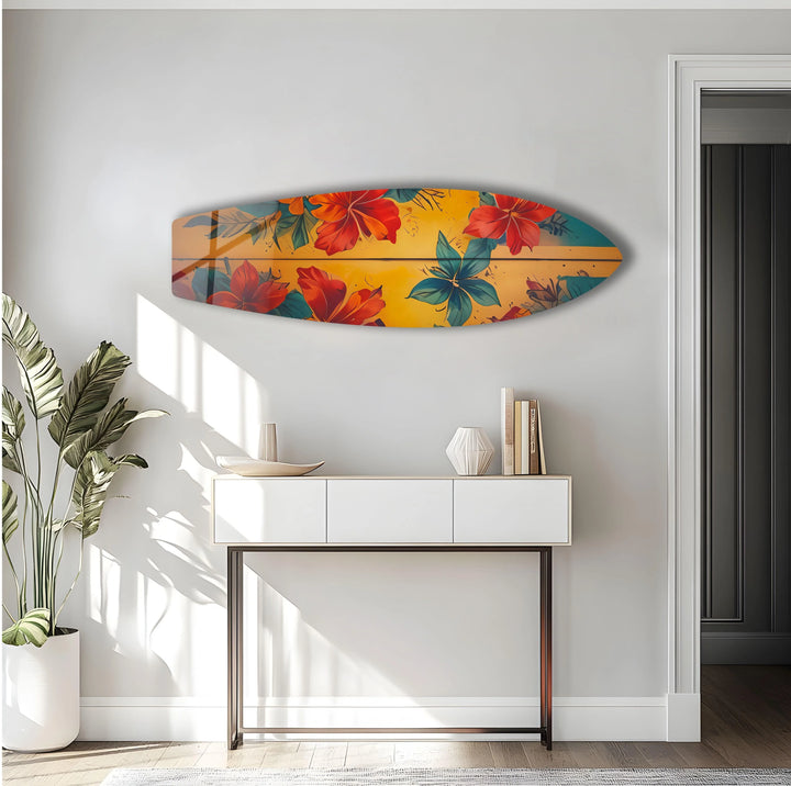 Sunlight dances across the Vintage Colorful Flowers Surfboard, giving a sense of movement to this eye-catching print wall art.