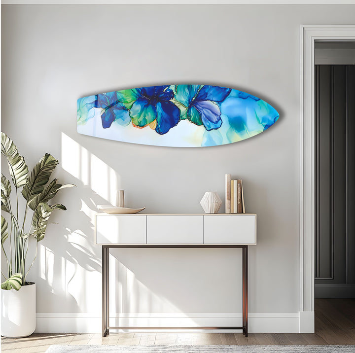 Blaue Alkoholtinte Blume Surfbrett Wandkunst
