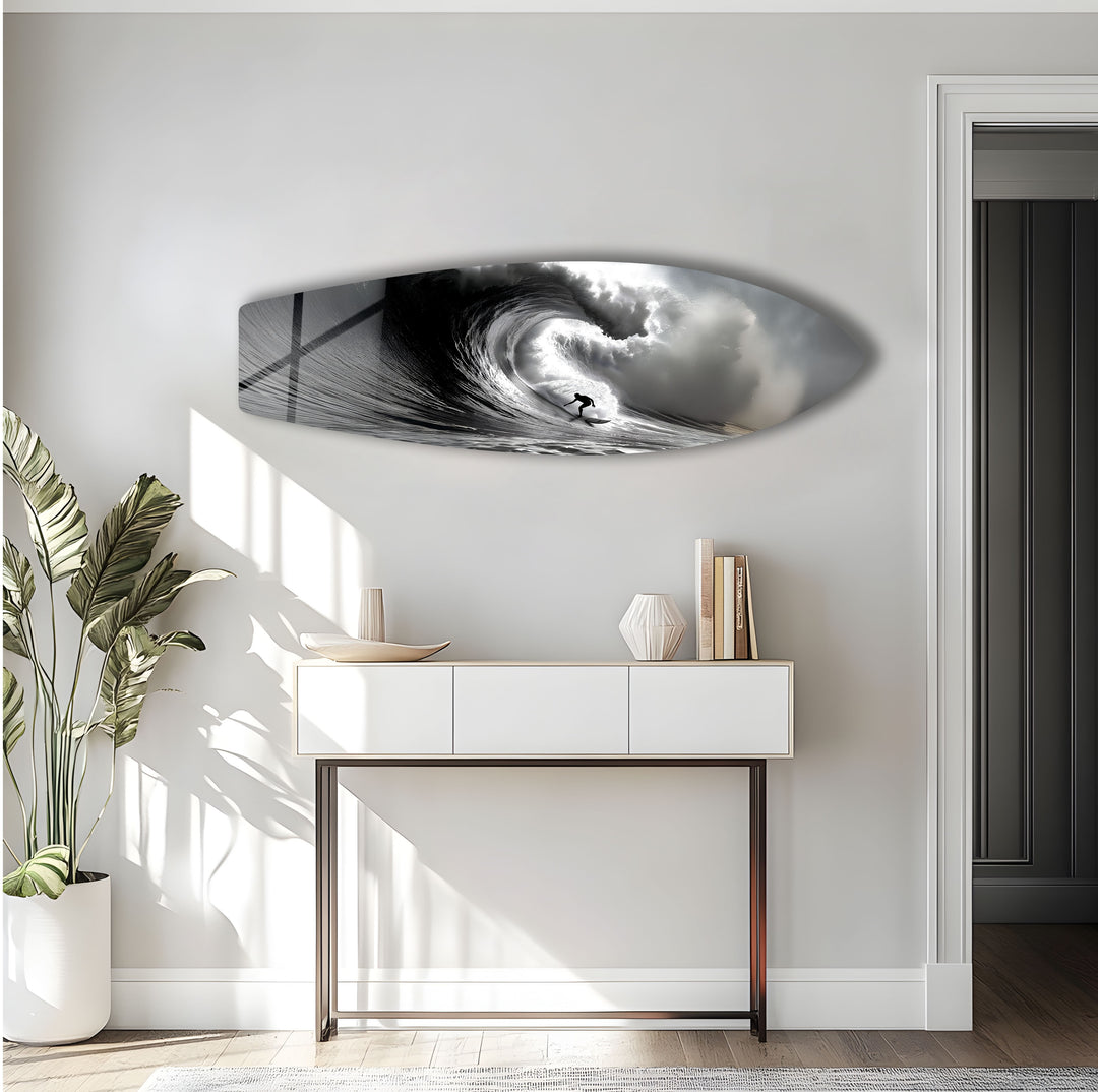 Schwarz-Weiß-Surfer-Surfbrett-Wandkunst 