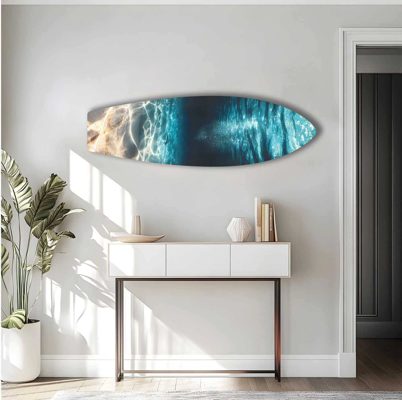Highlighting the realistic detail, this captivating surfboard glass wall art prints showcases an underwater scene with the interplay of sunlight and azure water.