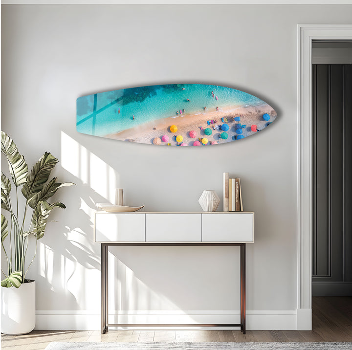 Blaues tropisches Strand-Surfbrett-Wandbild 