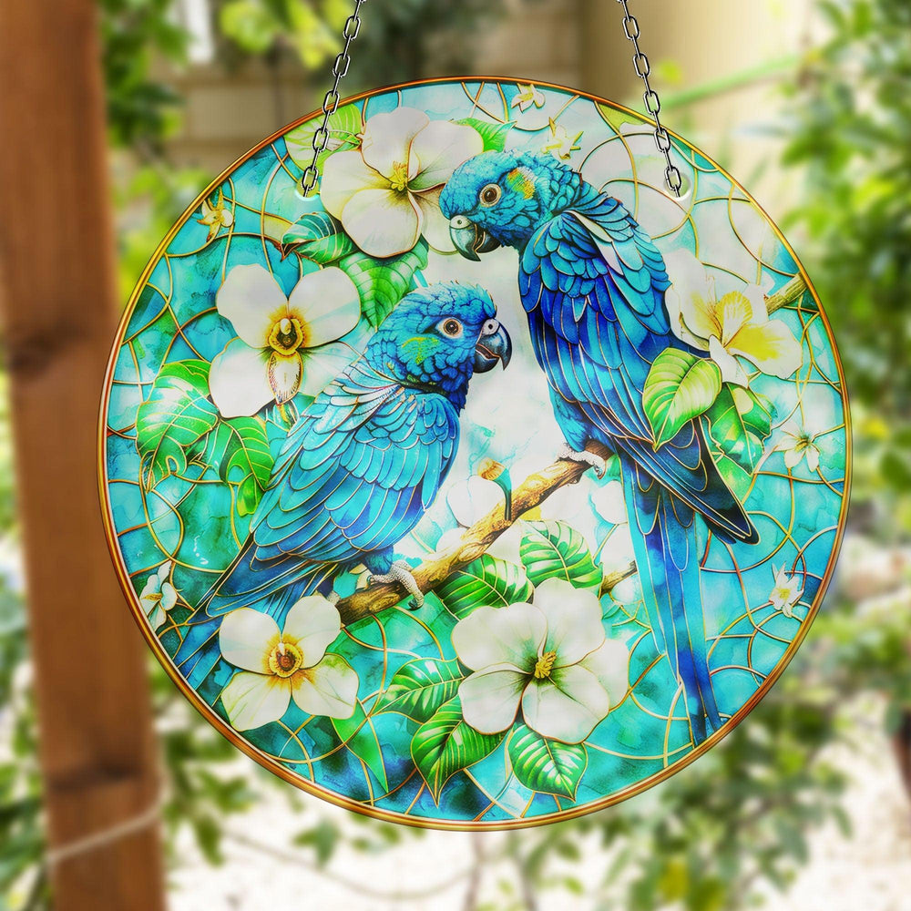 Blue Brids and Flowers Suncatcher Durable Tempered Glass | Myphotostation
