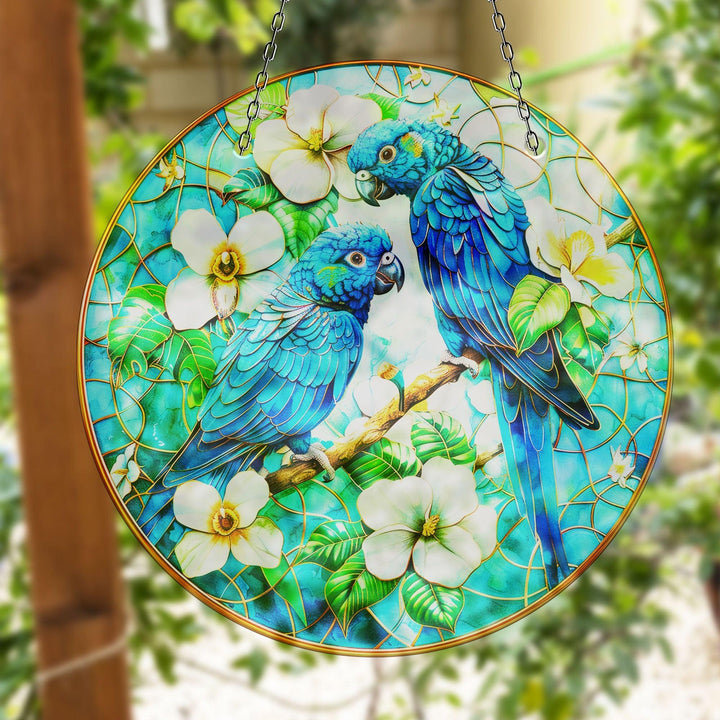 Blue Brids and Flowers Suncatcher Durable Tempered Glass | Myphotostation
