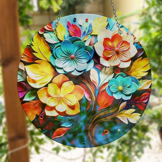 Dramatic color contrast defines this botanical suncatcher, a radiant home decoration featuring vibrant, layered flowers and swirling leaves against a soft, diffused background.