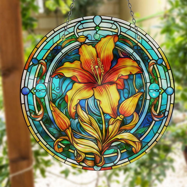 Orange Stained Flower Suncatcher Vibrant Stained Glass Suncatchers for Windows | Myphotostation
