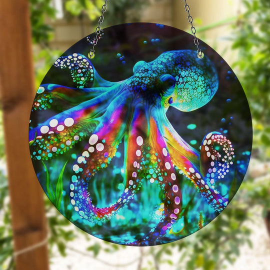Adorned with white polka dots, the mesmerizing, colorful tentacles of this blue octopus are showcased in this striking print wall art.