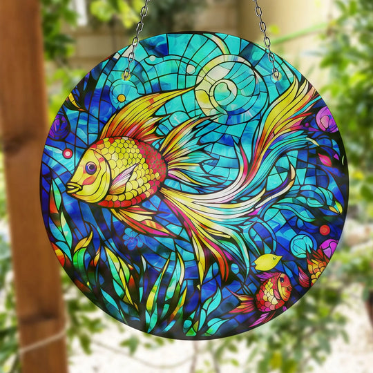 Dominant blue hues create a vivid backdrop for this fish suncatcher decor, a stunning piece of hanging wall art with a colorful mosaic design.