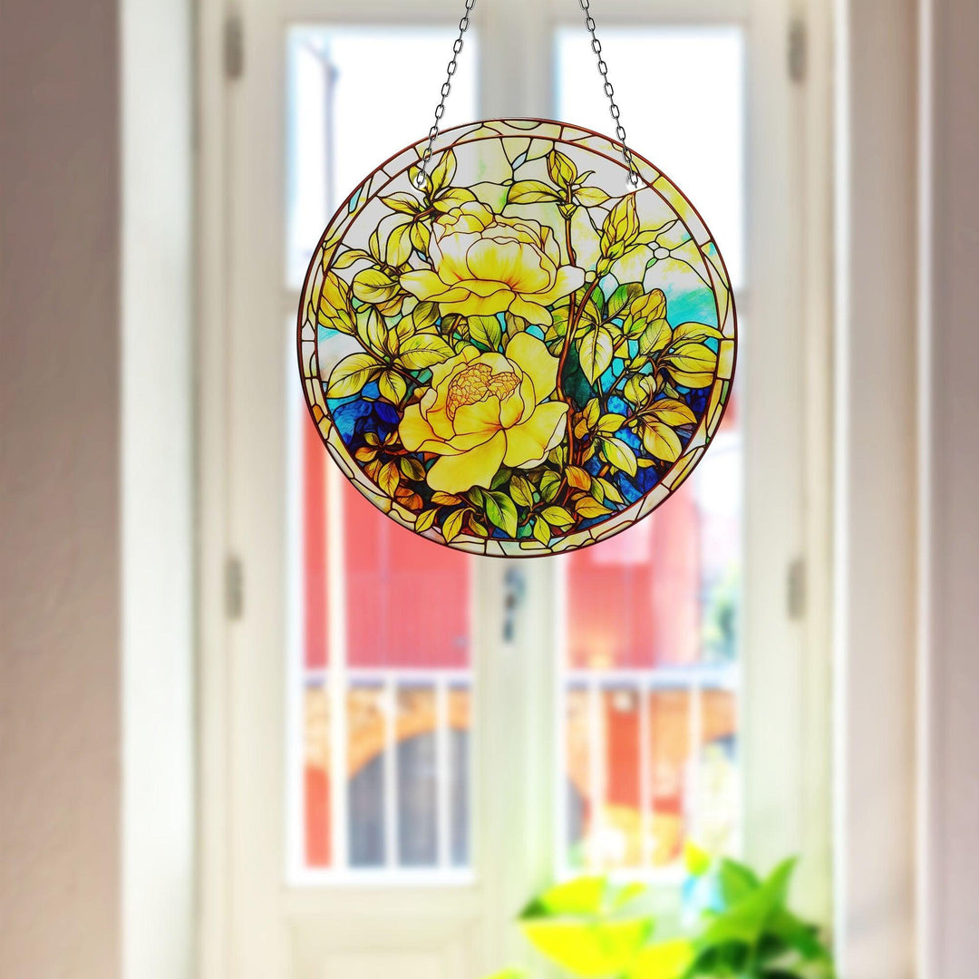 Yellow Botanical Suncatcher Decor Elegant Tempered Glass Design for Windows | Myphotostation
