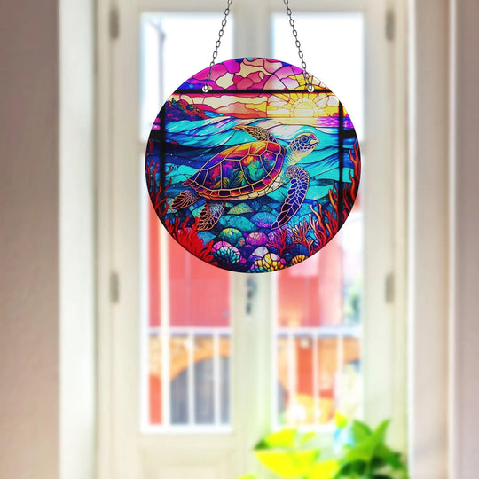 Swimming gracefully, the purple seaturtle suncatcher showcases colorful artistry, a captivating example of tempered glass wall art that brightens any window.