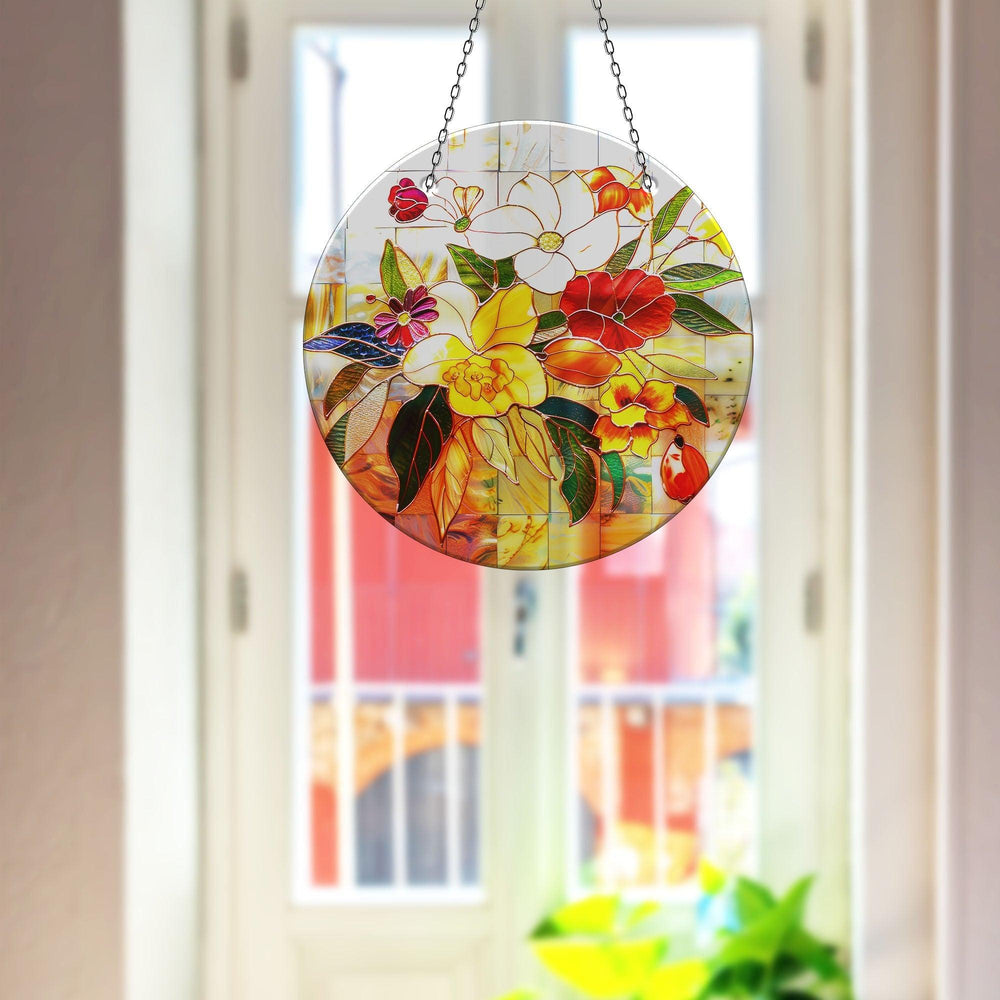 Red & White Flowers Suncatcher Elegant Tempered Glass Design for Windows | Myphotostation
