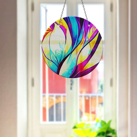 Blurred double doors create a backdrop for the purple abstract suncatcher, highlighting the beauty of the tempered glass wall art.