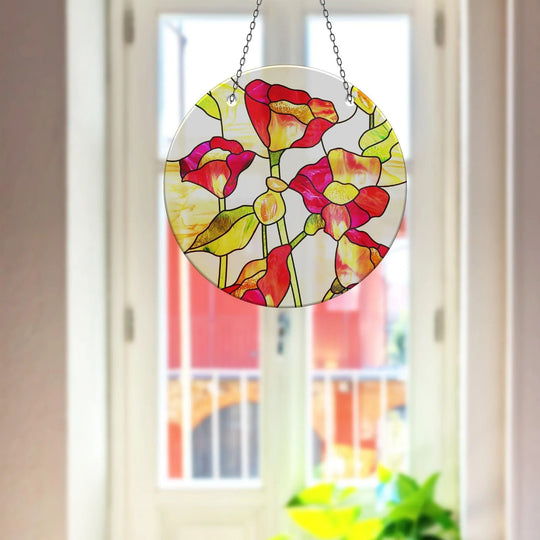 The realistic detail of this red floral suncatcher showcases the delicate print wall art, making it a vibrant and eye-catching window decoration.