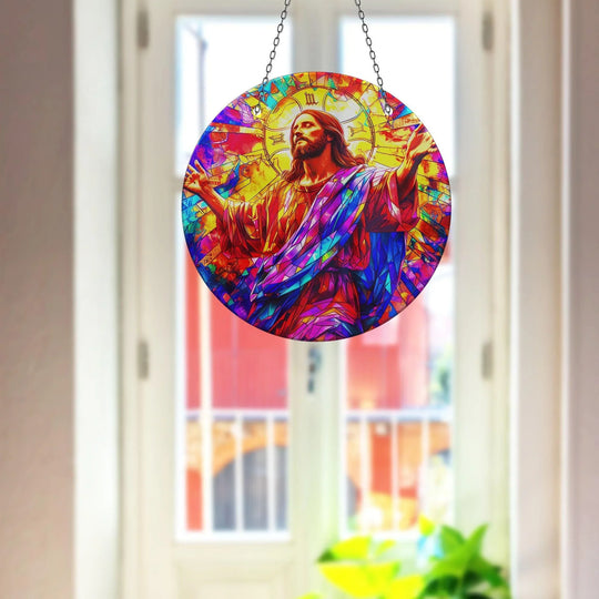Suncatcher decor of Jesus Christ in vivid colors glass wall art picture and stylish sun catchers for wall art plus home decor accents
