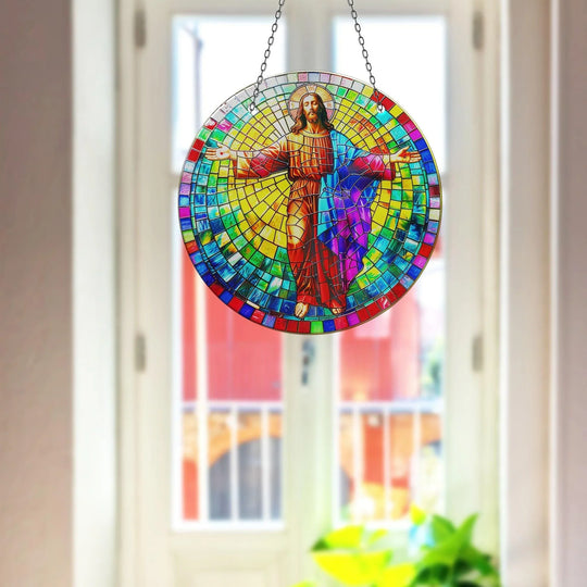 Suncatcher decor neon art and Christ motif plus glass art to brighten windows and durable glass wall art pictures