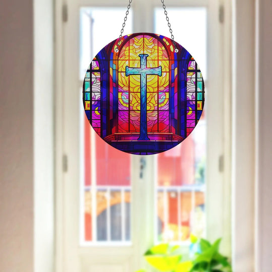 Suncatcher decor showing a stained glass cross with vivid colors and purple accents as Christian glass printing wall art