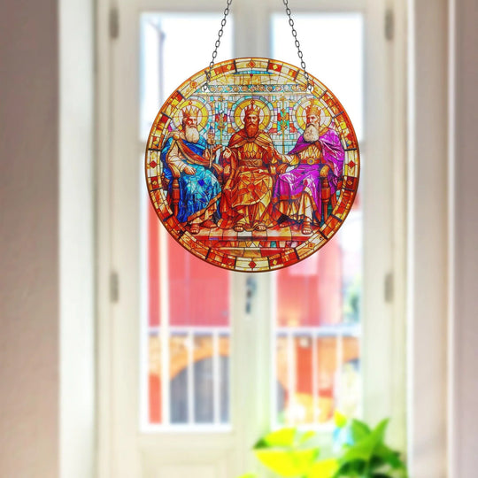 Suncatcher with stained Christian image in blue and red and Christian wall art for the home and stained glass suncatcher for windows