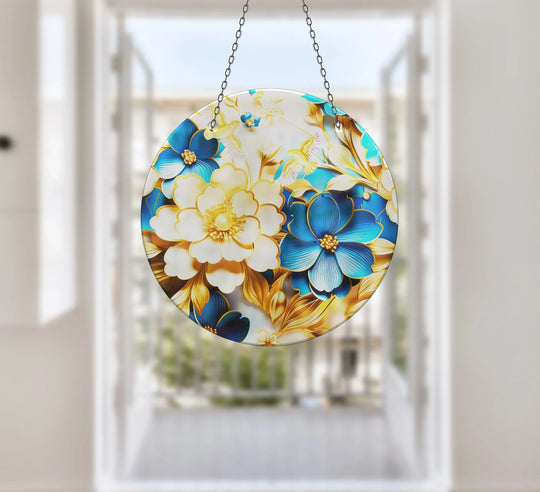 Blurred background view through an open door highlights the floral suncatcher's glass printing, creating a serene ambiance.