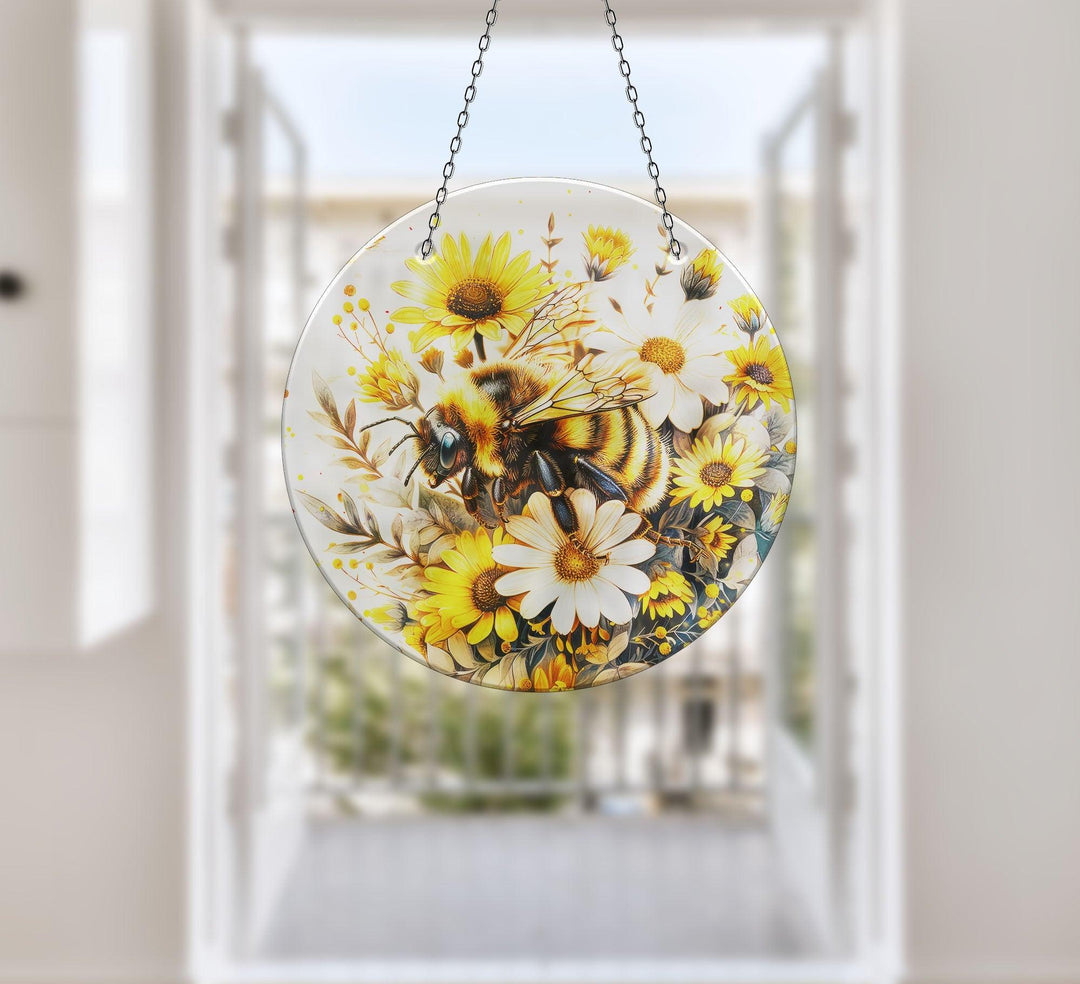 Bee & Daisies Stained Suncatcher Tempered Glass | Myphotostation
