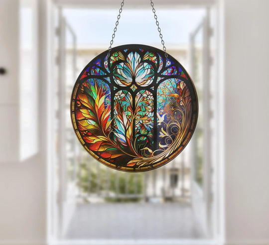 Visual rhythm created through the vibrant floral patterns of this stained glass suncatcher adds a beautiful touch of glass wall art decor.