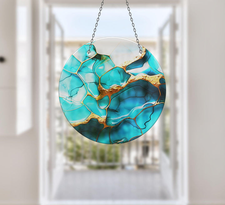 Blue Abstract Marble Suncatcher Decor Vibrant Stained Glass Suncatchers for Windows | Myphotostation
