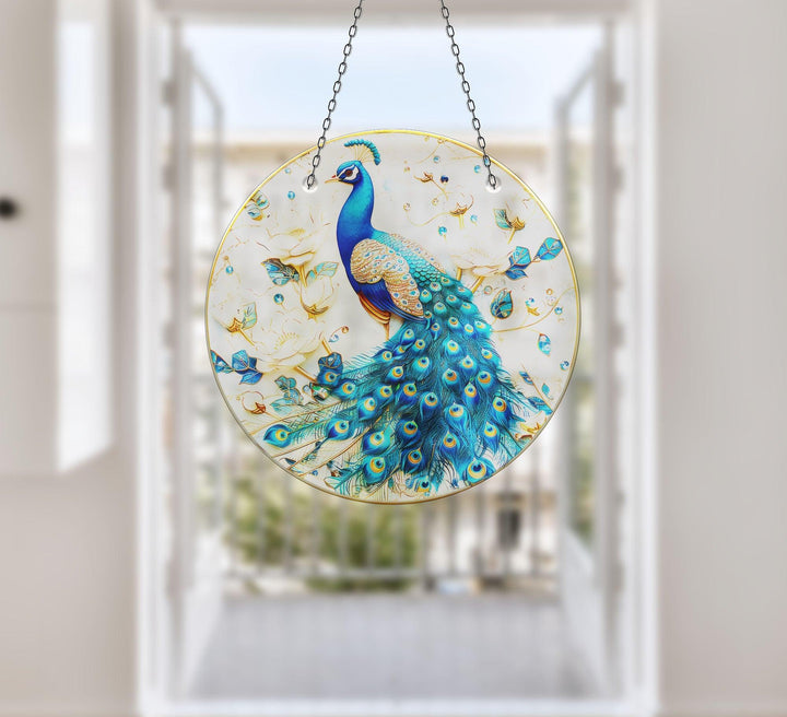 Turquoise Peacock Suncatcher Elegant Tempered Glass Design for Windows | Myphotostation

