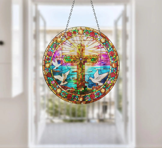 Suncatcher with cross and doves bright colors and stained glass effect plus Jesus Suncatcher and Peace Sign Suncatcher and glass wall art