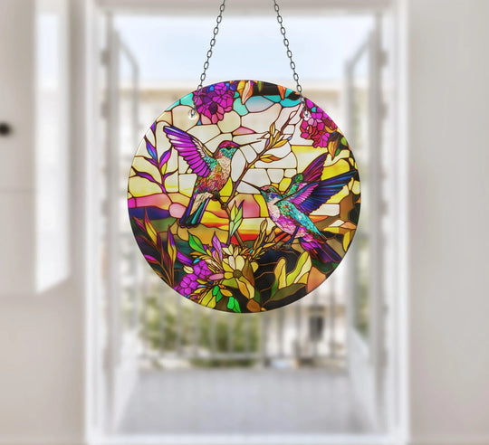 Warm and cool color temperatures harmonize in this vibrant acrylic hummingbird suncatcher, offering unique glass home decoration as light plays across the design.
