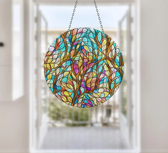 Brilliant glass printing showcases the sleek finish of this Leaves Colorful Stained Suncatcher, suspended by chains for a captivating display.