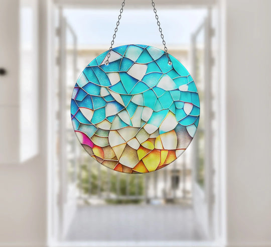 Dominant blues and yellows define this stained suncatcher, a captivating piece of wall art prints.