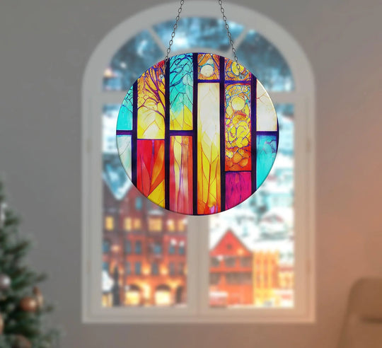 Featuring premium glass, this suncatcher showcases excellent material quality in its stained yellow and red print wall art design.