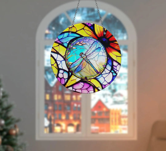 Textured glass wall art decor shows a dragonfly suncatcher with a smooth, colorful surface where light refracts through the intricate stained glass design.