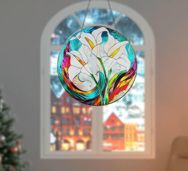 White Lilies Suncatcher Decor Unique Stained Glass Suncatchers | Myphotostation
