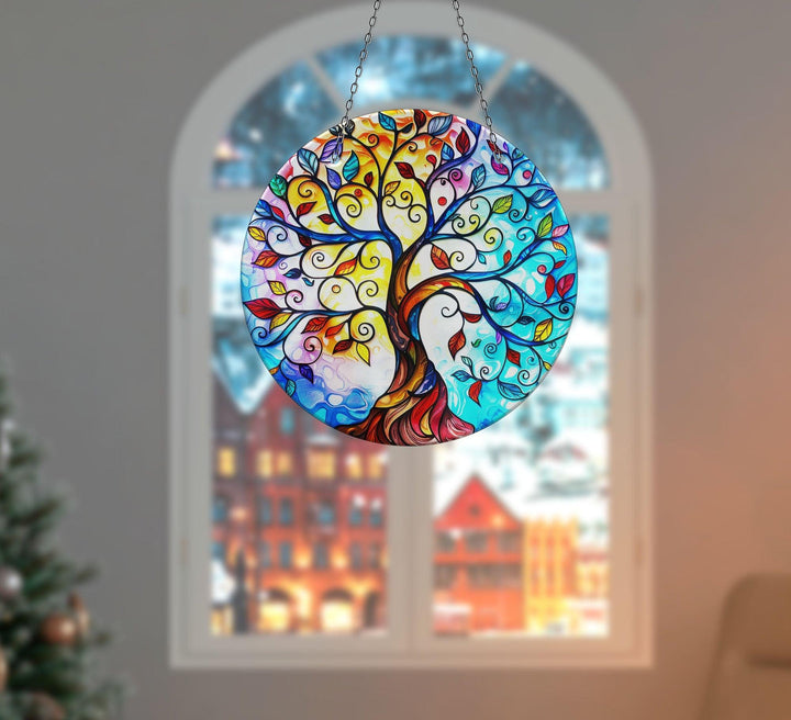 Colored Life of tree Suncatcher Elegant Tempered Glass Design for Windows | Myphotostation
