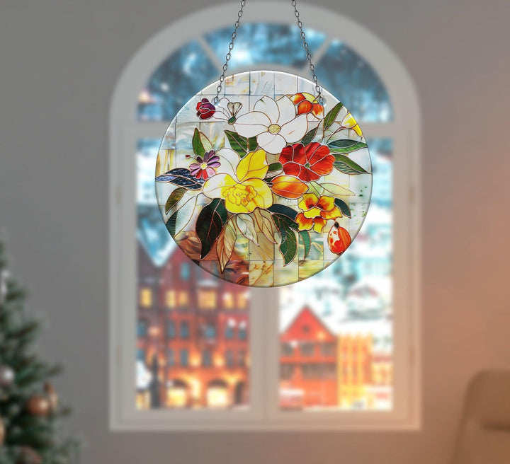 Red & White Flowers Suncatcher Vibrant Stained Glass Suncatchers for Windows | Myphotostation
