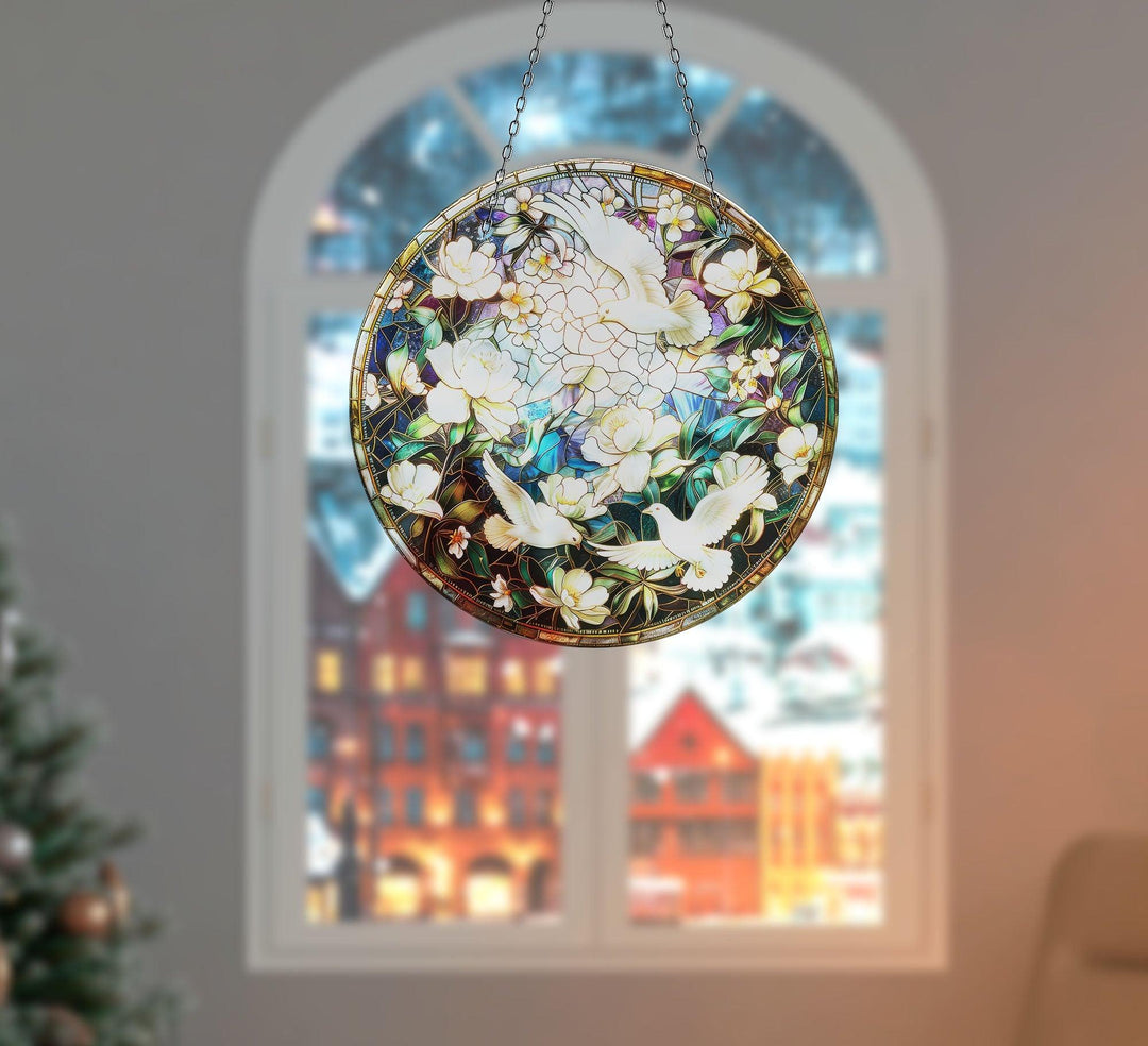 White Birds Suncatcher Decor Elegant Tempered Glass Design for Windows | Myphotostation
