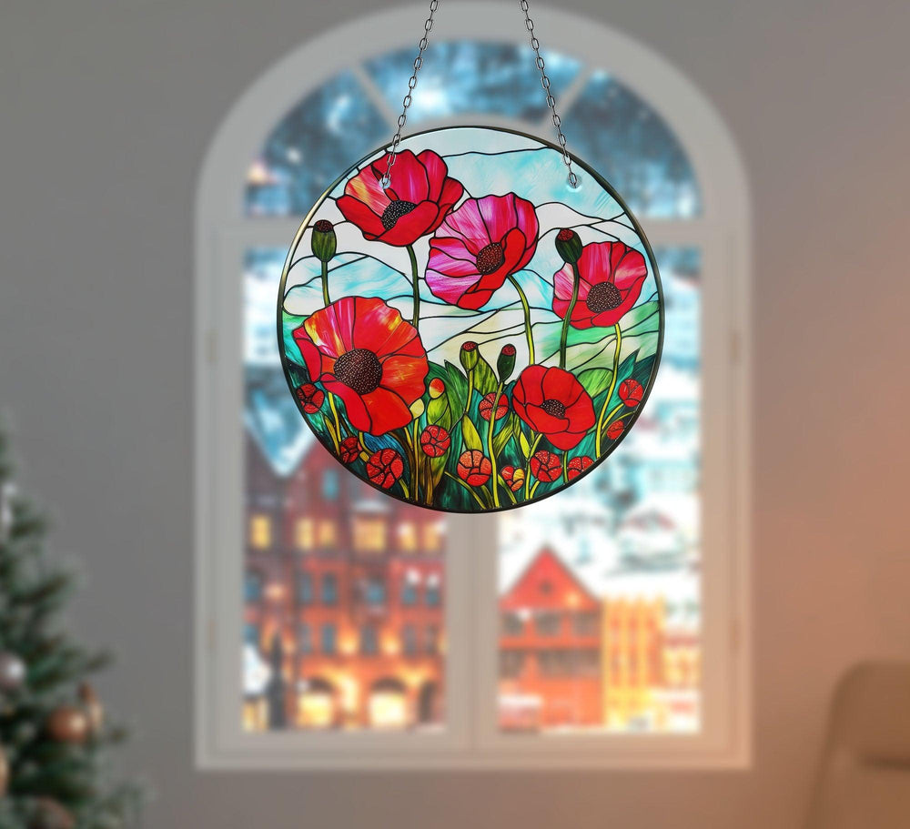 Red Poppy Flower Suncatcher Add Color with Stained Glass Suncatchers for Home | Myphotostation
