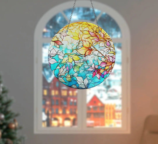 Suncatcher shiny colored with leaf motif is stained glass wall art perfect gift and high quality print picture on glass
