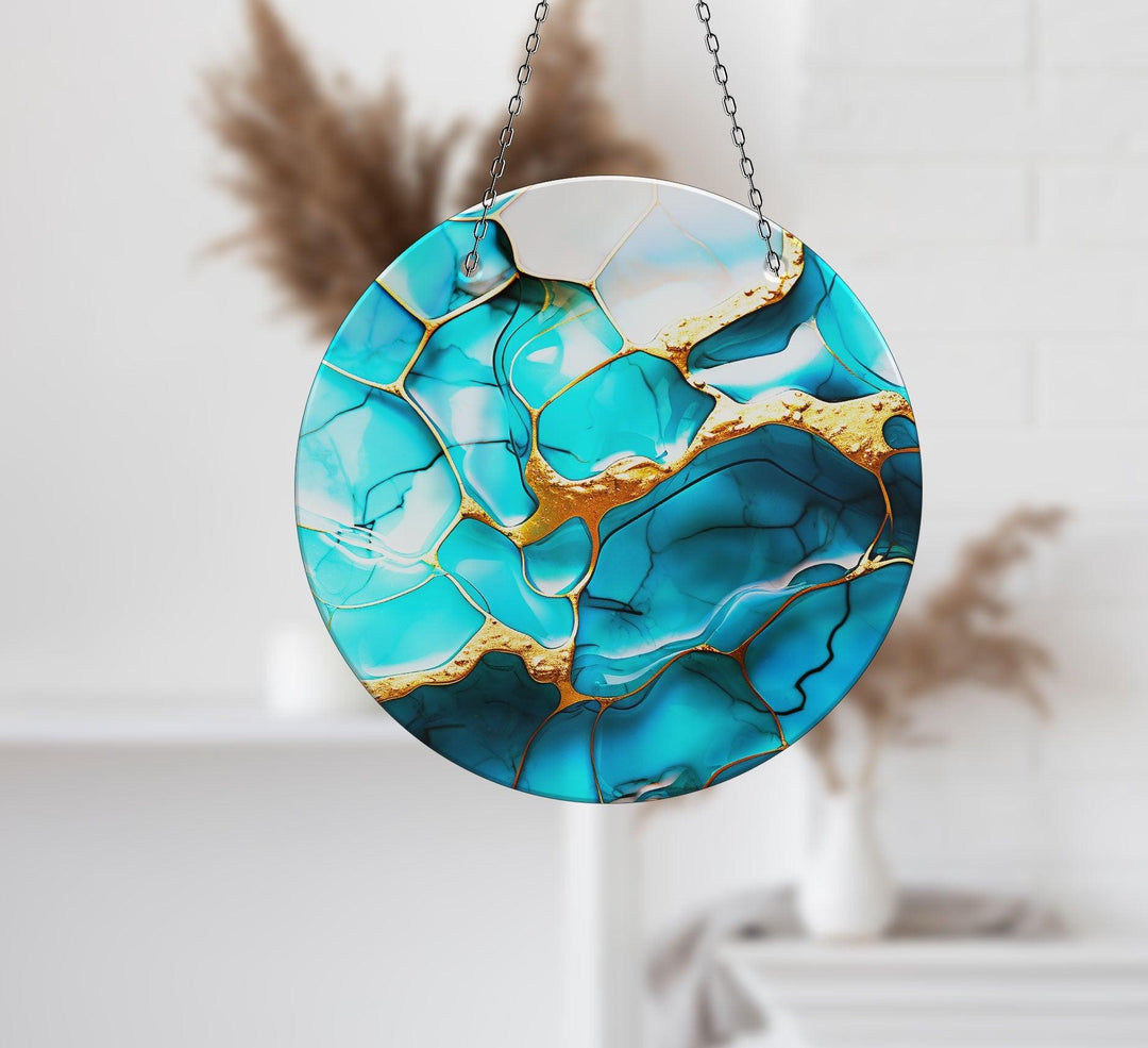 Blue Abstract Marble Suncatcher Decor Elegant Tempered Glass Design for Windows | Myphotostation
