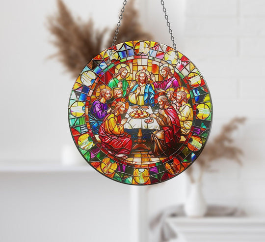 Suncatcher with religious motif vibrant colors and chain Christian Design Suncatcher Decor plus stained glass suncatcher accent and glass wall art decoration