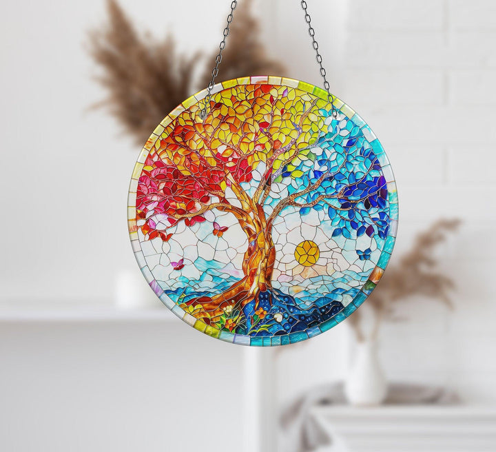 Blue & Red Life of tree Suncatcher Vibrant Stained Glass Suncatchers for Windows | Myphotostation
