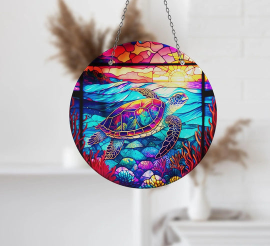 Gentle light diffuses through this glass Purple Seaturtle Suncatcher, creating a soft glow as part of a unique modern wall decor display.