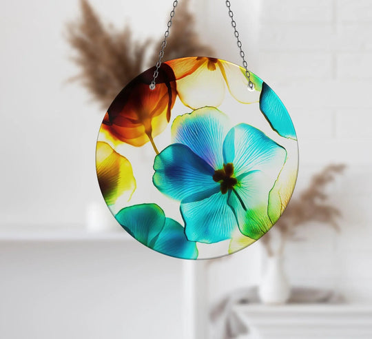 Blue & Orange Flower Suncatcher Decor Elegant Tempered Glass Design for Windows | Myphotostation
