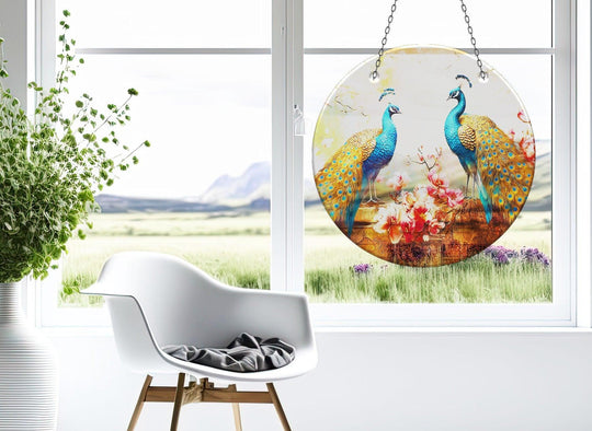 Serene meadow and mountain scenery create a tranquil backdrop for this beautiful blue peacock suncatcher, highlighting the exquisite glass art painting.