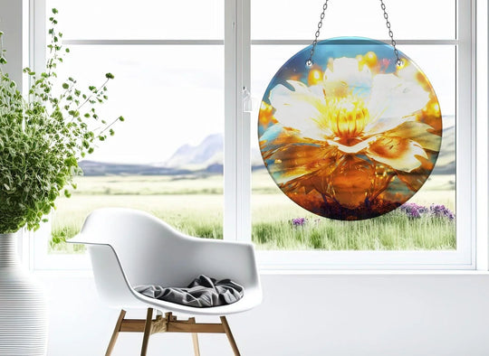 The focal point of this shiny white suncatcher beautifully showcases best glass art through its translucent flower design.