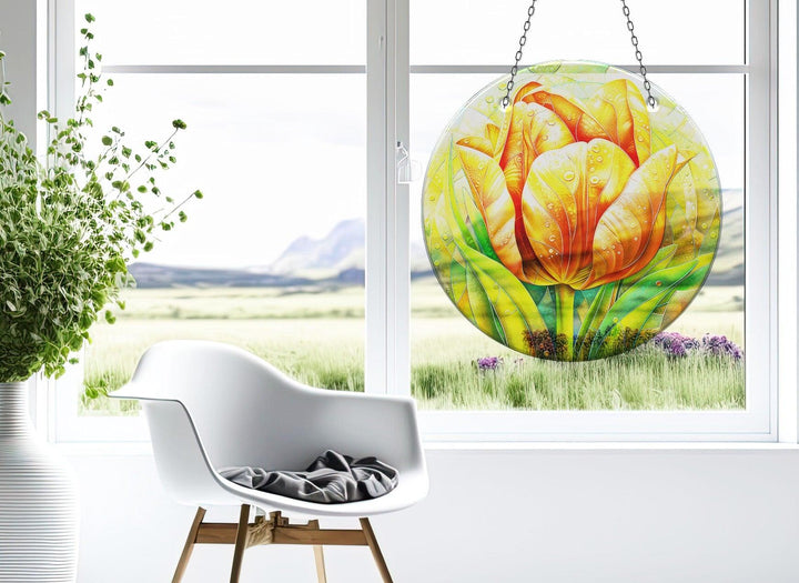 Orange Flower Suncatcher Decor Elegant Tempered Glass Design for Windows | Myphotostation
