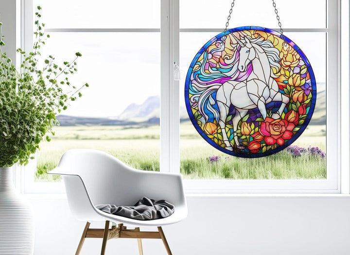 White Horse Stained Suncatcher Elegant Tempered Glass Design for Windows | Myphotostation
