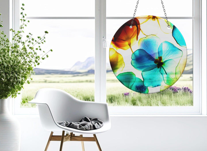 Blue & Orange Flower Suncatcher Decor Vibrant Stained Glass Suncatchers for Windows | Myphotostation
