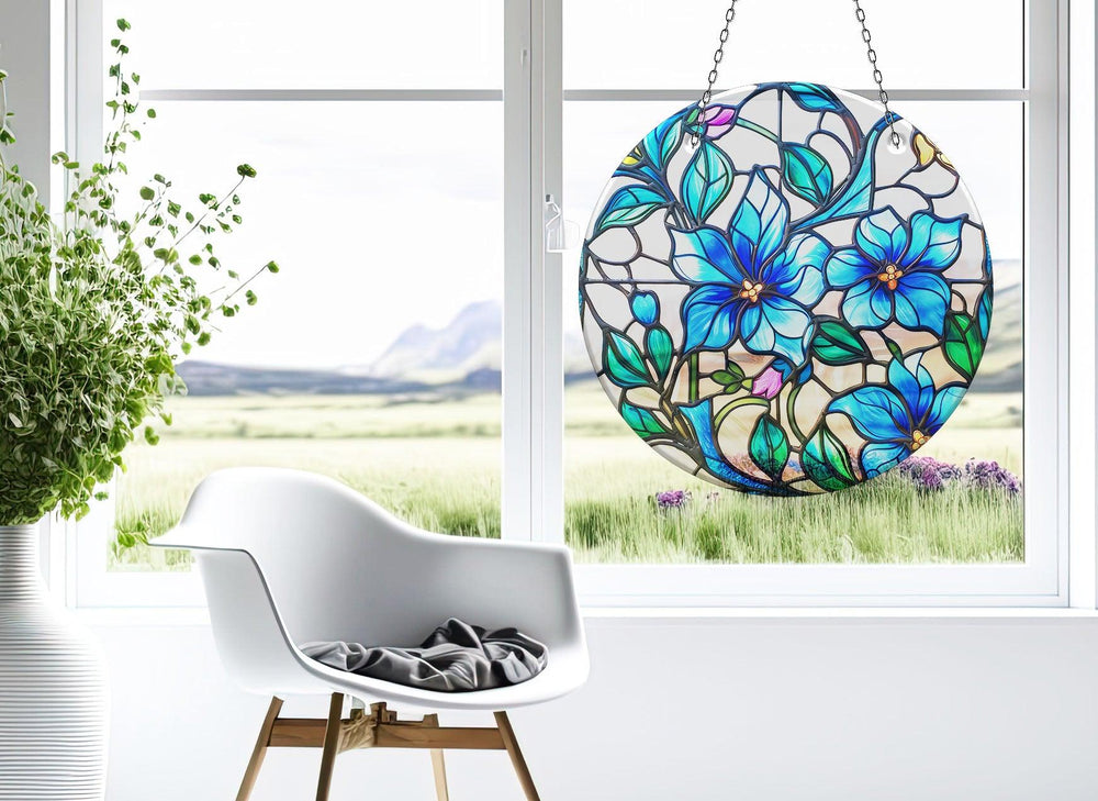 Blue Flowers Suncatcher Durable Tempered Glass | Myphotostation
