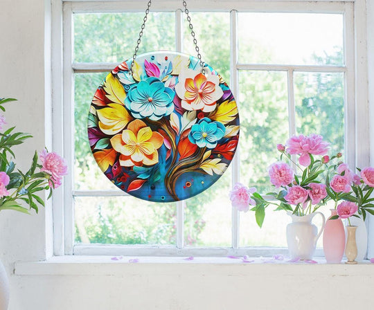 Featuring a light-catching home decor piece, the vivid botanical suncatcher showcases colorful blossoms framed by a crisp white window border.